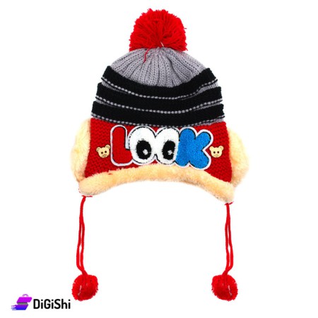 LOOK Wool Double Layered Kids Hat with Fur Balls - Red
