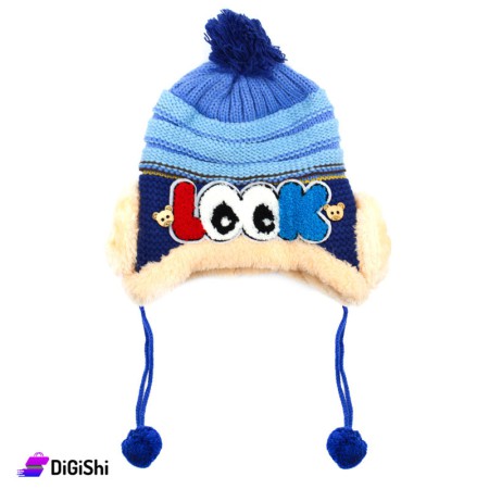 Wool Double Layered Kids Hat with Fur Balls - Blue
