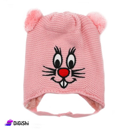 Wool Knitted Baby Hat Fur Balls Rabbit face - Pink