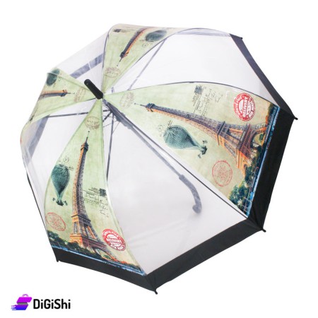 Tarpaulin Eiffel Tower Rain Umbrella - Transparent & Light Olive