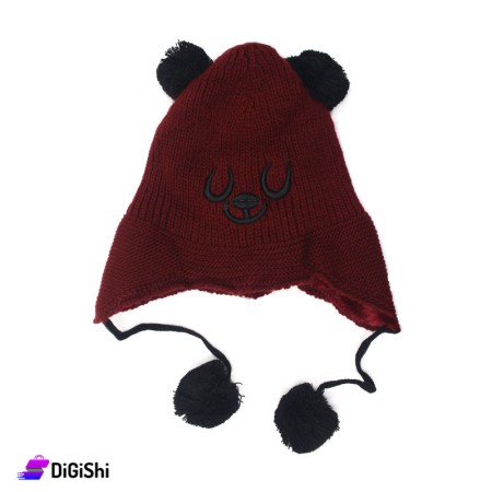 Bear Children's Double Layered Wool Knitted Hat - Dark Red