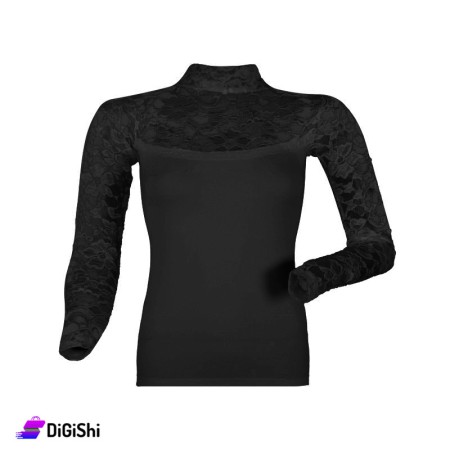 Al Samah Women's High Neck Lace Long Sleeve Sweater - Black
