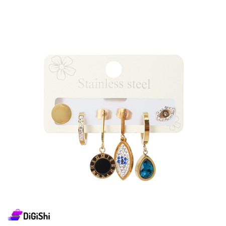 Gold Earrings Set in Different Shapes with Zircon Stone - 6 Pieces