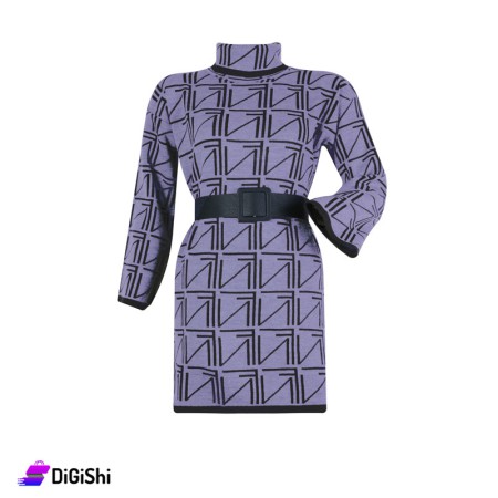 Women's Wool Dress High Neck With a Belt - Purple