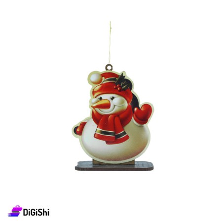 Wooden Christmas Snowman Decoration With Wood Base - Beige and red