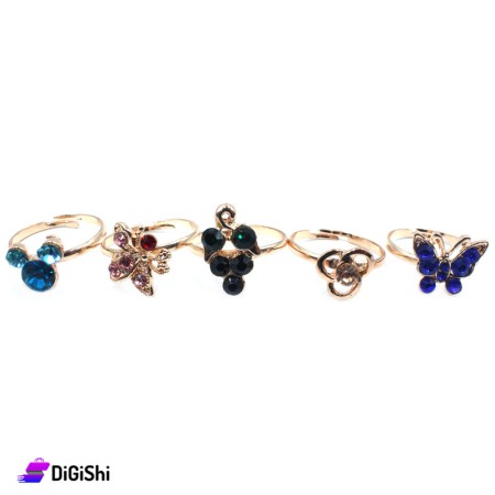 Women's Rings Set with Colorful Zircon Stones With a blue butterfly - Light Gold