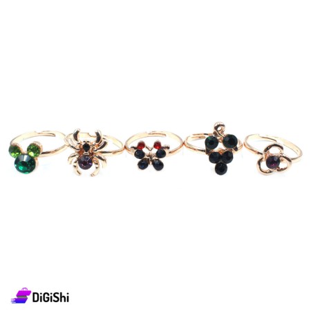 Women's Rings Set with Colorful Zircon Stones With a black butterfly - Light Gold