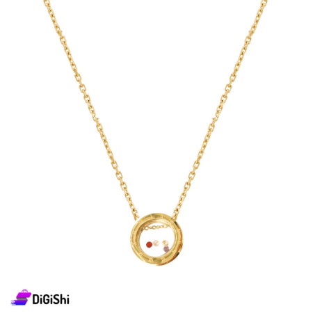 Women's Golden Necklace With A Ring Pendant And Colored Stones Inside