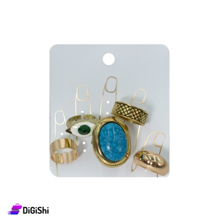 Women's Golden Rings Set In Different Forms & Stones - 5 Pieces