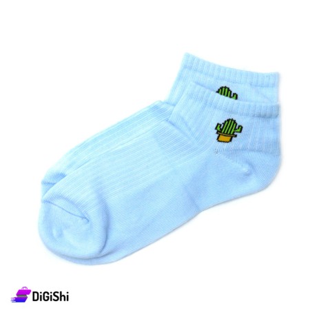 ZOX Pair Of Cotton Short Women's Socks With Cactus Drawing - Light Blue