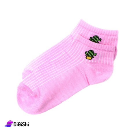 ZOX Pair Of Cotton Short Women's Socks With Cactus Drawing - Pink