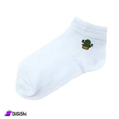 ZOX Pair Of Cotton Short Women's Socks With Cactus Drawing - White