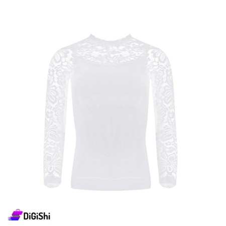 Al Samah Long Lace Sleeve Sweater With A Round Neck - White