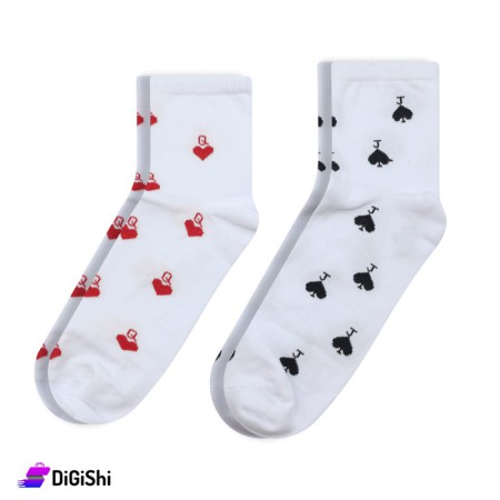 ZOX Pair Of Cotton Short Socks Playing Card Drawings For Coubles - White