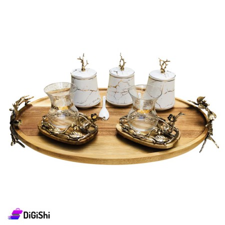 Tea Set Of Porcelain pots And Cups With Metallic Dishes