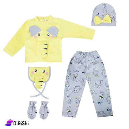 Baby's Elephant Cotton Pajamas With Hat & gloves & Apron - Gray & Yellow