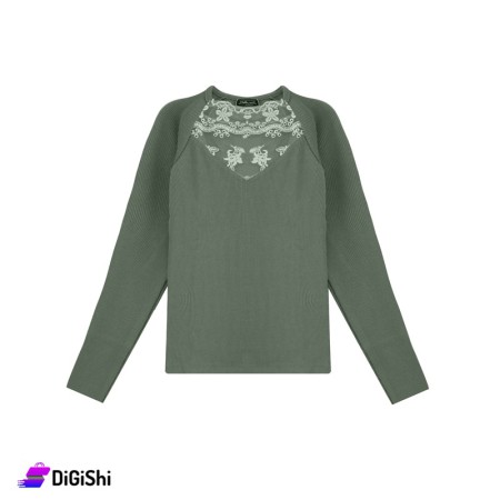 Women's Cotton Rip Sweater with Embroidered Chiffon - Olive