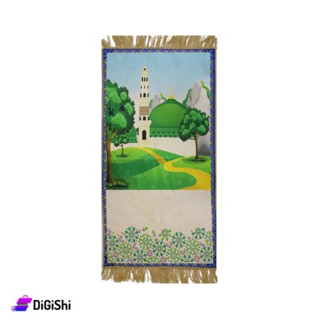 Velvet Prayer Rug For Children With Mosque An Trees Drawing - Green