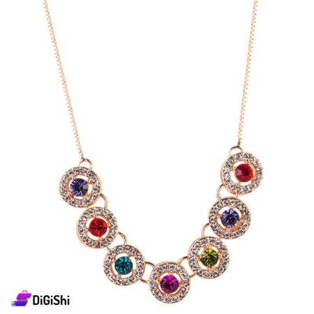 Necklace with circle pendant with colored silicone stones and strass