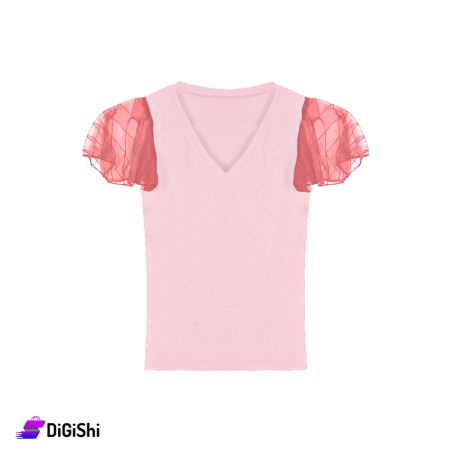 Women's Cotton Ribbed T-Shirt with Chiffon Sleeves - Light Pink