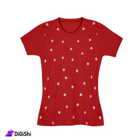 Women's Ribbed T-Shirt With Lilies Drawings- Red