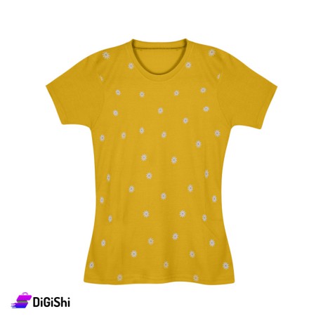 Women's Ribbed T-Shirt With Lilies Drawings- Yellow
