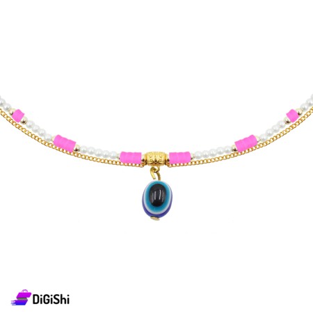 Women's Anklet With Beads And Golden Chain With Eye Pendant - Pink