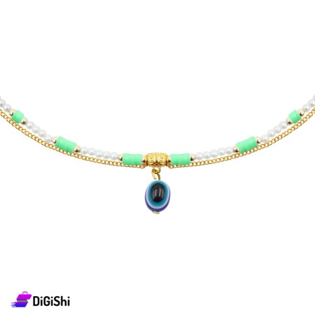 Women's Anklet With Beads And Golden Chain With Eye Pendant - Green