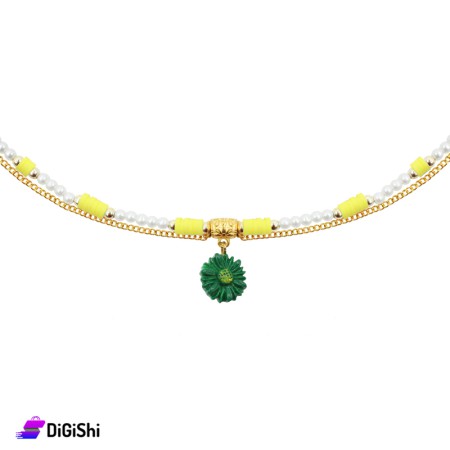 Women's Anklet With Beads And Golden Chain With Daisy Pendant - Yellow