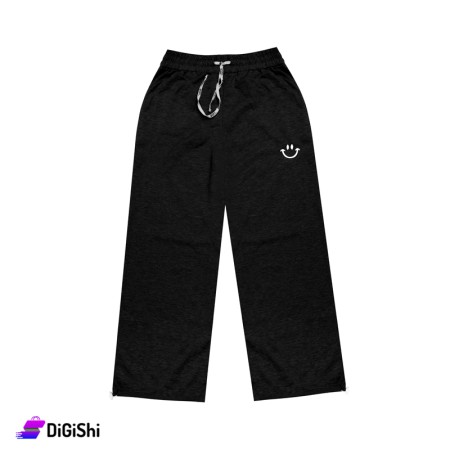 Women's Wide Two Fleece Pants with a Tie On The Ankle - Black