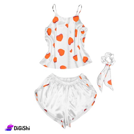 Women's Satin Pajamas Hearts Drawing - White & Orange