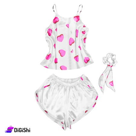 Women's Satin Pajamas Hearts Drawing - White & Pink