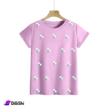 Women's Cotton T-Shirt Flowers Drawing - Pink