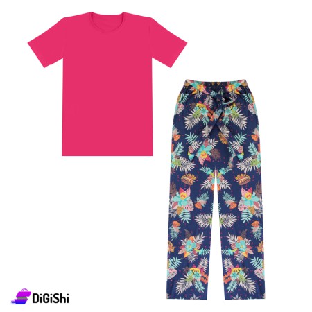 Women's Polyester Pajama Tree Leaf Pattern - Deep Pink
