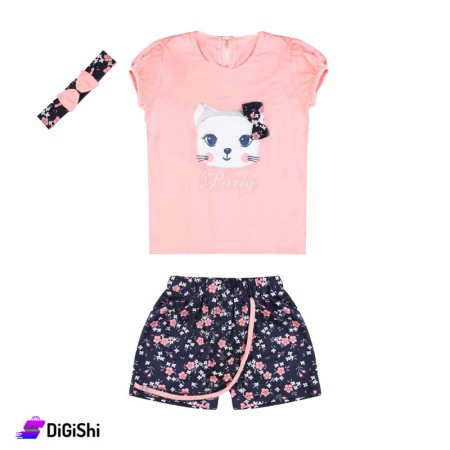 Kid's Cotton Set With Cat Drawing - Dark Blue and Pink