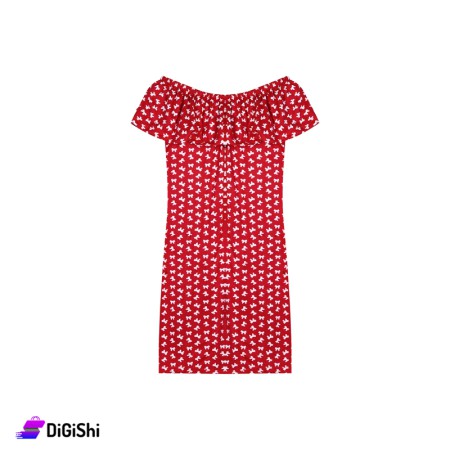 Women's Cotton Short Dress With Tie Drawing - Red