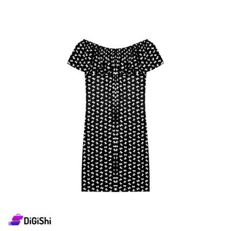 Women's Cotton Short Dress With Tie Drawing - Black