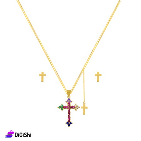 Set Of Necklace With Colorful Zircon Cross Pendant And Earrings - Golden
