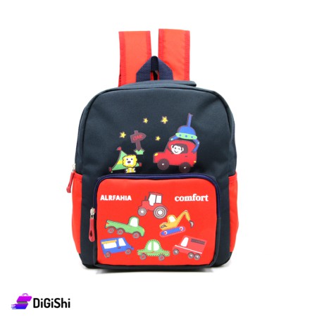 Cars Drawings Cloth Backpack For Kids - Dark Blue & Red