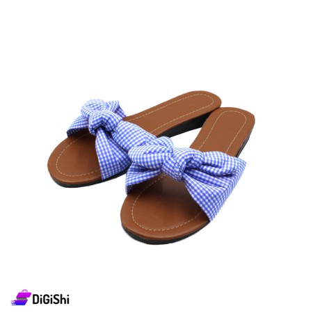 Leather And Fabric Women's summer Slippers with bow - Blue