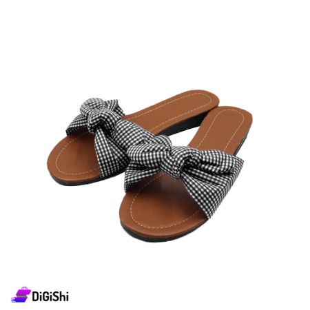 Leather And Fabric Women's summer Slippers with bow - Black