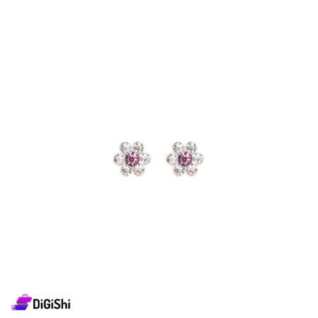Small Zircon Earring in the Shape of a Rose - Silver and Pink
