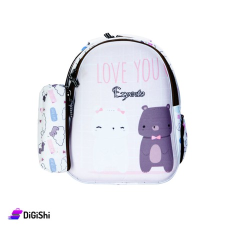 Linen Backpack For Kids Teddy Bear Print With Pencil Case - White and Black Back