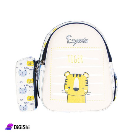 Linen Backpack For Kids Tiger Print With Pencil Case - White