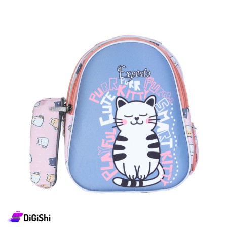 Linen Backpack with Pencil Case for Kids with Cat Drawing - Pink and Light Purple