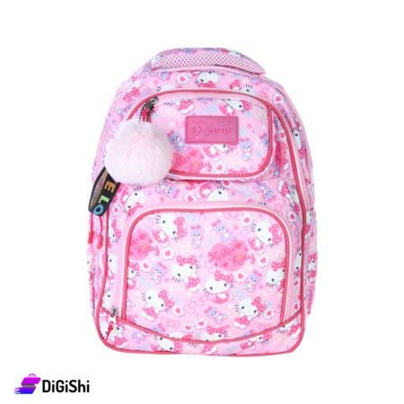 Girl's Three Layer Fabric Backpack with Hello KittY and Bear Drawing - Pink