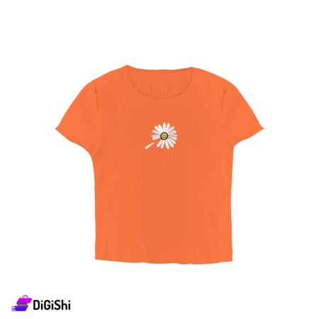 Women's Rip Half Sleeve Chrysanthemum Sweater - Orange