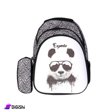 Canvas Backpack Panda Drawing With Pencil Case - White