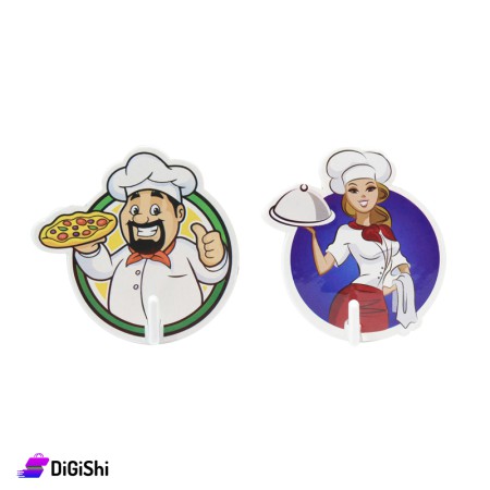A Set of Kitchen Sticky Hooks With a Drawing Of a Chef - Blue And Green