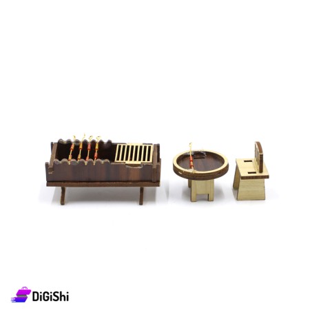 مصغر خشبي للديكور شكل منقل للشوي مع طاولة وكرسي